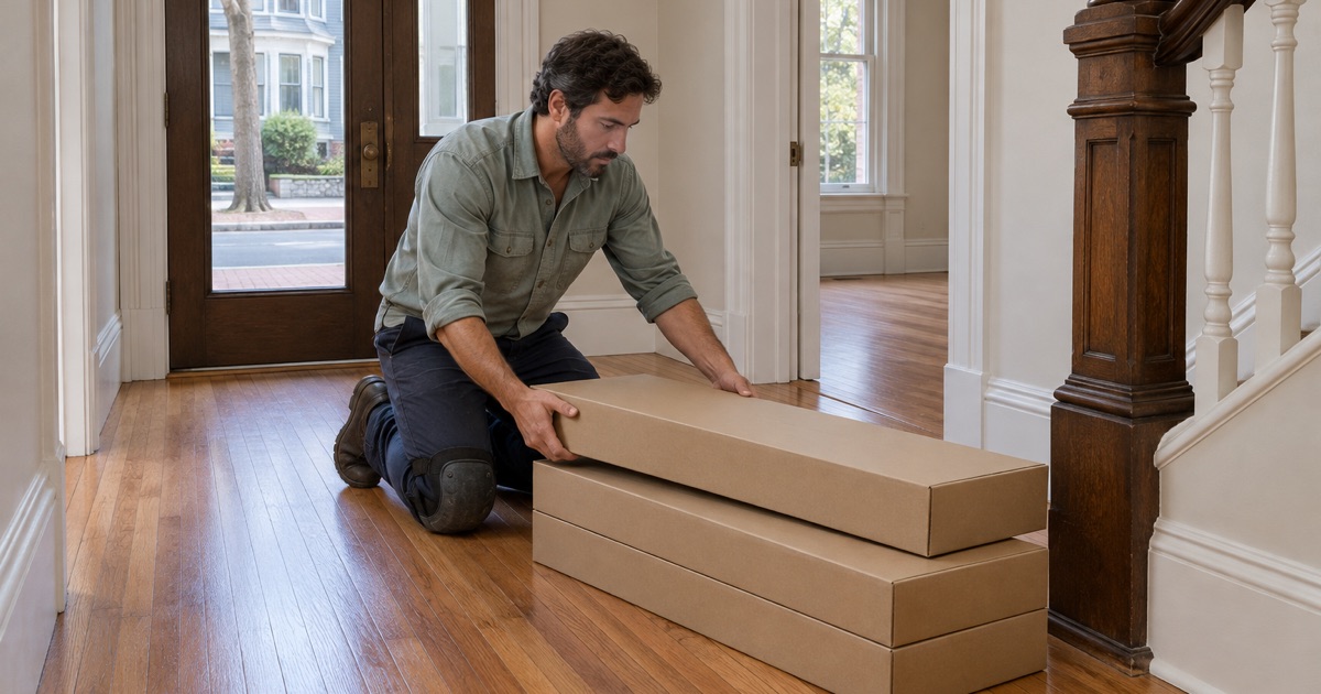 Worker stacking cartons of new oak flooring to acclimate inside the front hall of a Victorian two-family house in Brookline.