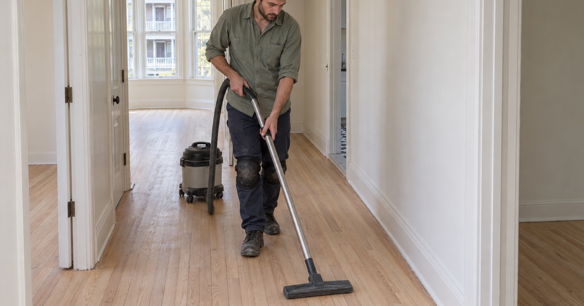 Worker vacuuming freshly sanded oak floors down the long hallway of an empty three-decker apartment between tenants near Brookline.
