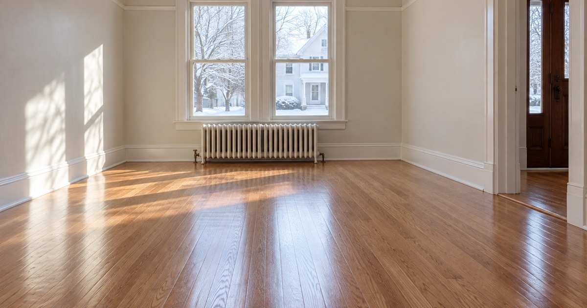 Refinished oak floor in the living room of a Colonial Revival house in Brookline on a snowy morning, a radiator under the window.