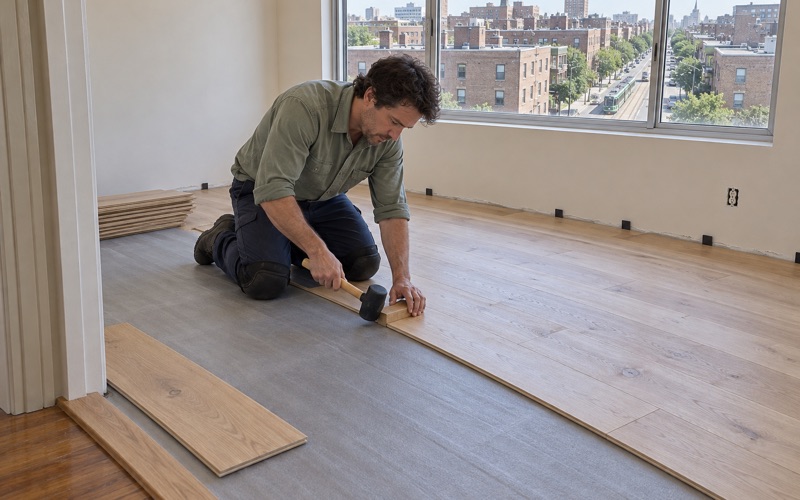 Worker seating a new engineered white oak plank with a tapping block in a bedroom of a Brookline mid-rise condominium.