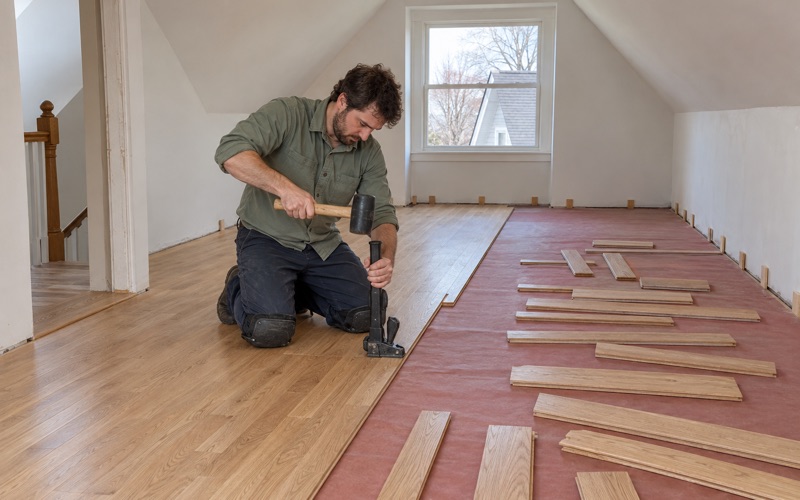 Worker driving a flooring nailer against the tongue of a new red oak board on the top floor of a gambrel-roofed house in Brookline.
