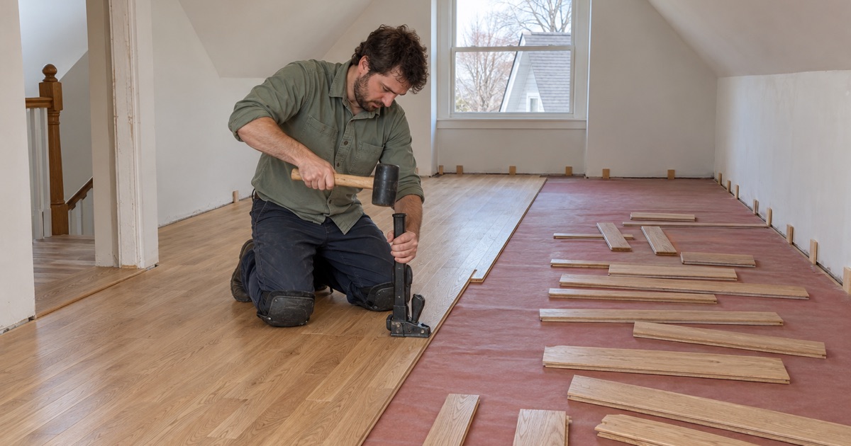 Worker driving a flooring nailer against the tongue of a new red oak board on the top floor of a gambrel-roofed house in Brookline.