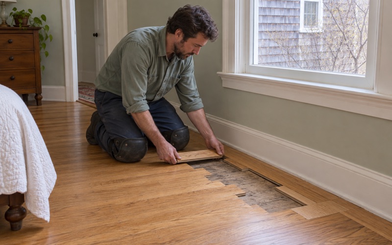 Worker weaving new oak strips into the floor where an old radiator stood in a Brookline house, the joints staggered so they do not line up.