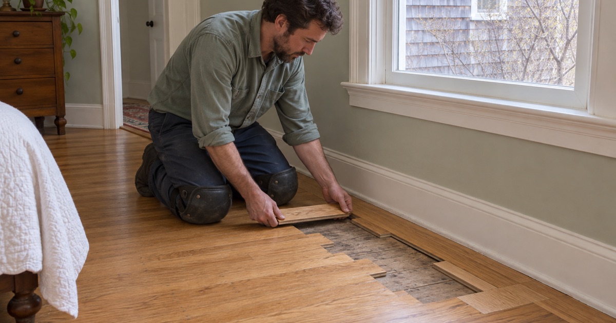 Worker weaving new oak strips into the floor where an old radiator stood in a Brookline house, the joints staggered so they do not line up.