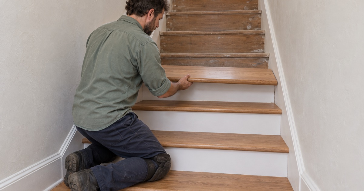 Worker lowering a new red oak stair tread with a rounded nosing onto the stair of a two-family house in Brookline.