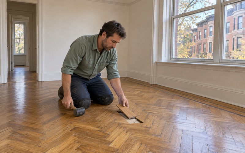 Worker setting a new oak slat into an old herringbone parquet floor in a prewar Brookline apartment.