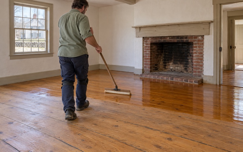Worker walking backwards while coating wide antique pine floorboards in an old house in Brookline.