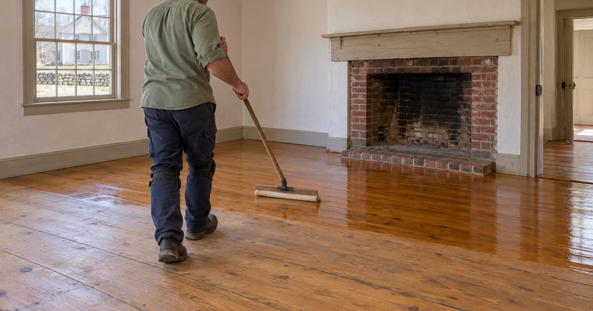 Worker walking backwards while coating wide antique pine floorboards in an old house in Brookline.