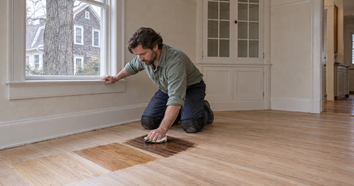 Worker wiping stain samples onto freshly sanded original oak floor in the dining room of a Colonial Revival house in Brookline.
