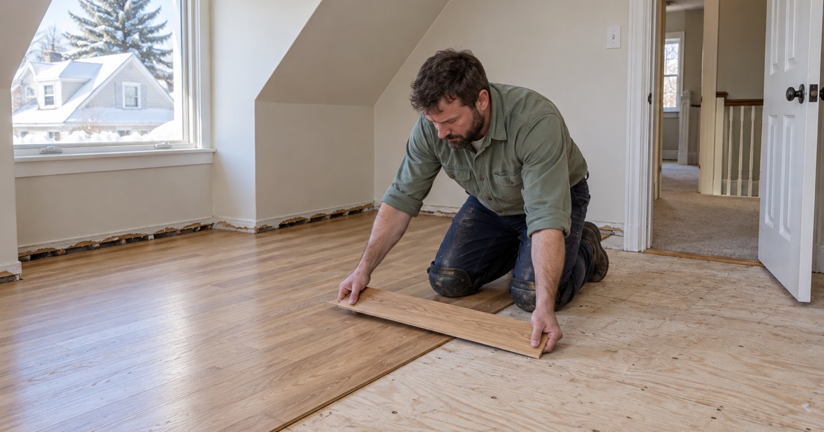 Worker laying new oak strip flooring where carpet was removed in an upstairs bedroom of a Cape house in Brookline, old carpet still in the hall.