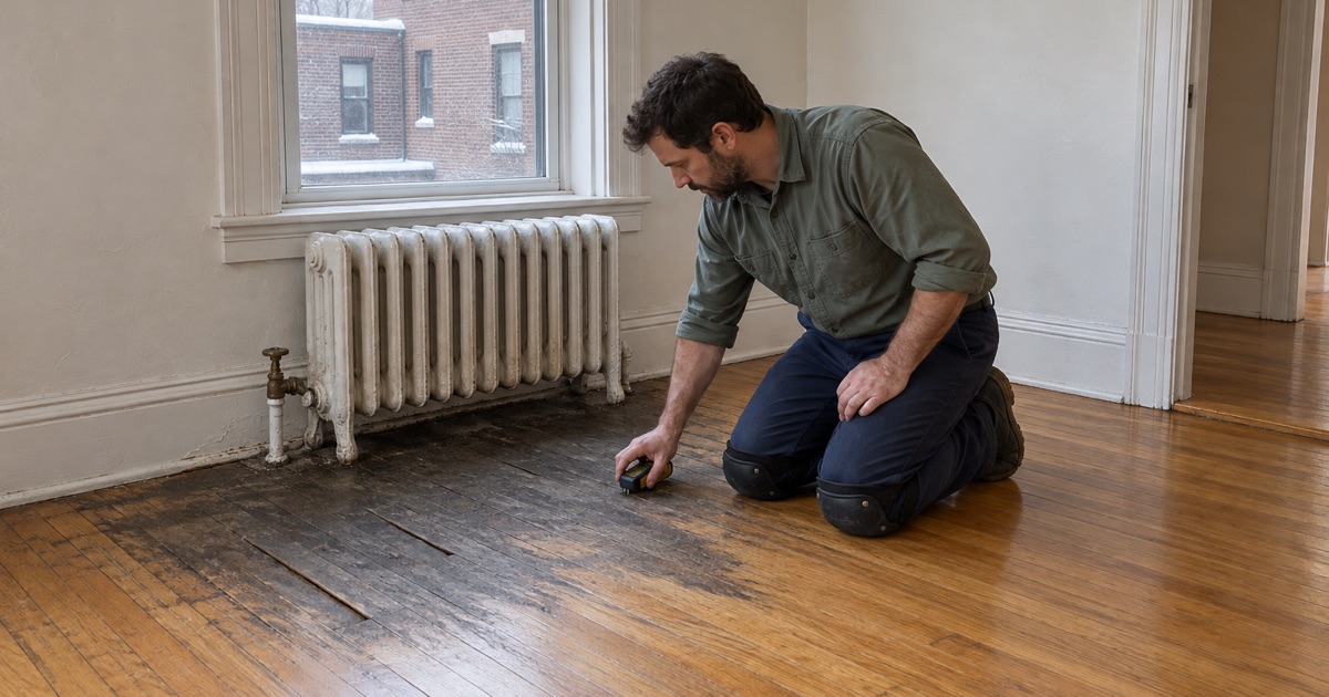 Worker checking dark water-stained oak boards beneath a leaking cast-iron radiator in a prewar Brookline apartment.
