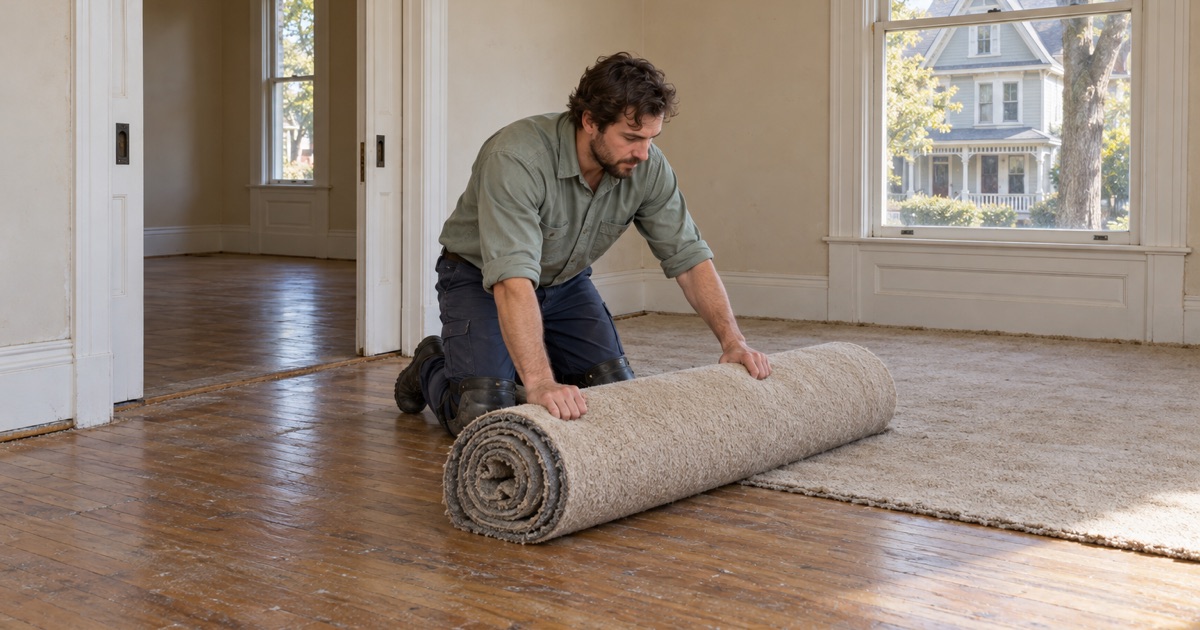 Worker rolling back old wall-to-wall carpet to uncover original oak strip flooring in the front parlor of a Victorian house in Brookline.