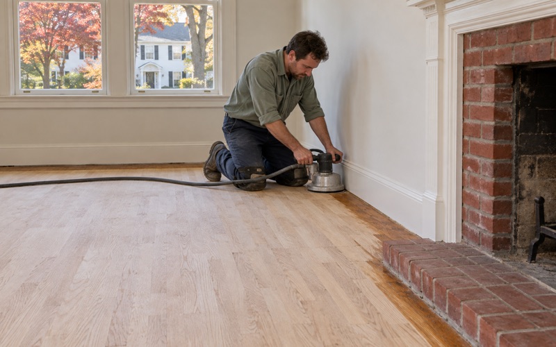 Worker running an edger along the baseboard of a sanded red oak floor in a Colonial Revival living room in Brookline.